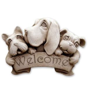Cast Stone Welcome Plaque Featuring Dogs Triple Dog Welcome Plaque